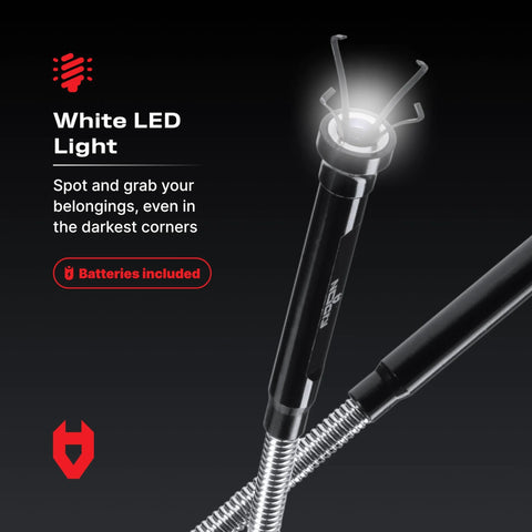 Flexible magnetic claw pickup tool with a bright LED light extends reach, features a 4-Finger retractable claw, and 5lb pull strength.