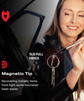 Woman using a flexible magnetic claw pickup tool with a bright LED light to retrieve keys from a tight spot, 5lb pull strength.