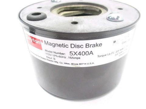Close-up of Compact 5X400A Magnetic Disc Brake for 115V AC systems with torque range 0.375-0.75 lb-ft, showing model details.