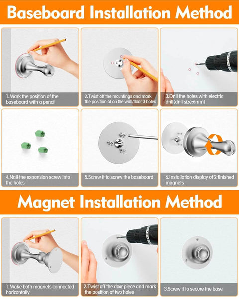 Baseboard and magnet installation method for ✝️ 2-Pack Door Stoppers Magnetic Door Catch with step-by-step instructions.