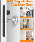 Side view of a door with N45 magnets keeping it open, showing benefits like avoiding injuries, freeing hands, and airflow.