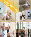 Door Stoppers Magnetic Door Catch - 2 Pack Stainless Steel Heavy Duty, various home scenes including baby, cat, and people moving boxes.