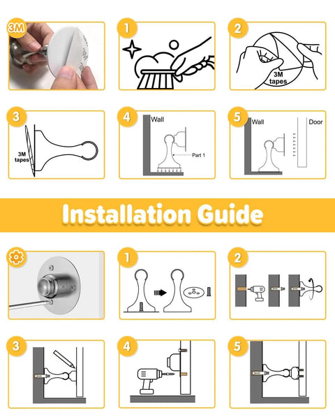 Installation guide for Door Stoppers Magnetic Door Catch - 2 Pack Stainless Steel Heavy Duty, wall and floor mounting instructions.