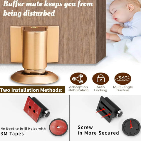 Heavy Duty Magnetic Door Wedge Stopper Kit With Double Magnet Design shown with 3M tape and screw installation options