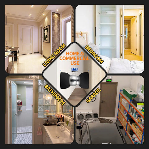 Powerful Magnetic Door Stopper Set Of 2 Stainless Steel Mini Door Stops with Heavy Duty Magnetism showcased in various rooms.