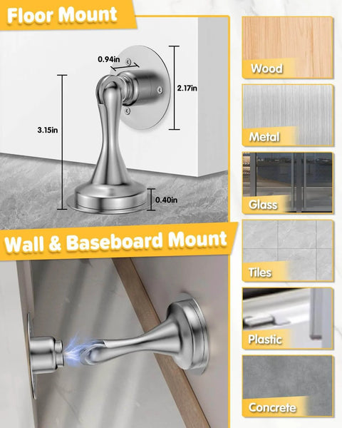 Diagram showing stainless steel Door Stoppers Magnetic Door Catch - 2 Pack, suitable for floor or wall mounting on various surfaces.