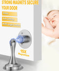 Door Stoppers Magnetic Door Catch - 2 Pack Stainless Steel Heavy Duty Door Holder showing strong magnet holding door open next to sleeping baby