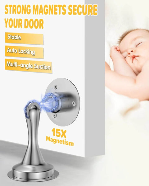 Door Stoppers Magnetic Door Catch - 2 Pack Stainless Steel Heavy Duty Door Holder showing strong magnet holding door open next to sleeping baby