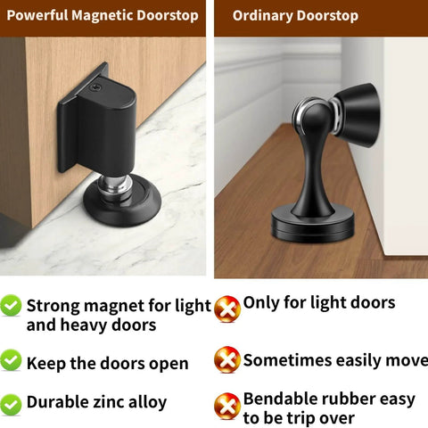 Comparison of Heavy Duty Magnetic Door Wedge Stopper Kit With Double Magnet Design and ordinary doorstop showing features.