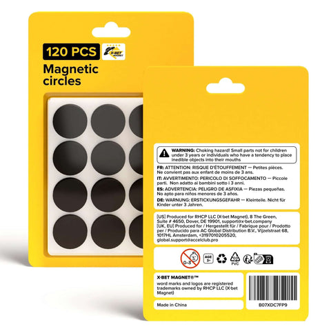 Packaging of Peel and Stick Flexible Magnetic Dots 120 Pack Reusable For Fridge Whiteboard Office Crafts and School Projects