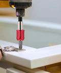 Three Piece Magnetic Drill Bit Holders Set With Quick Release Hex Shank Extension Bars for power tools and drills in use.