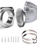 Magnetic Dryer Vent Coupling Kit With Airtight Seal Quick Connect And Disconnect Includes 4 Inch By 3.3 Foot Duct And Two Clamps Easy To Clean And Install Connector For Dryer Venting image showing components of the kit including aluminum duct, wall adapter, and clamps.