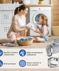 Image of Magnetic Dryer Vent Coupling Kit With Airtight Seal Quick Connect And Disconnect Includes 4 Inch By 3.3 Foot Duct And Two Clamps Easy To Clean And Install Connector For Dryer Venting, shown installed in a laundry room.