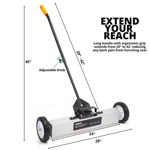 24 Inch Rolling Magnetic Floor Sweeper With 50 Pound Capacity And Adjustable Handle From 29 To 42 Inches With Floor Magnet