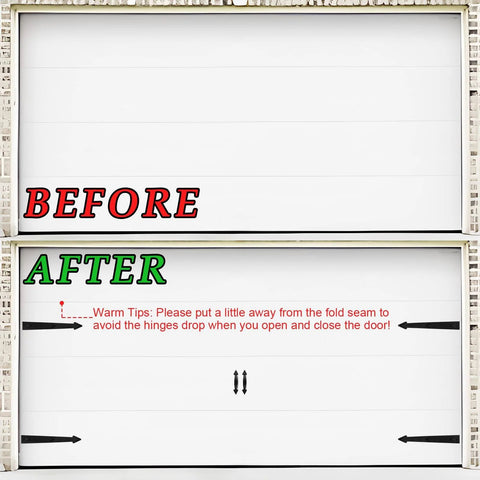 Before and after using Magnetic Garage Door Hardware, 4 Magnetic Hinges + 2 Magnetic Handles on white garage doors.