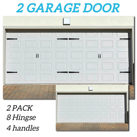 Image of two white garage doors featuring Magnetic Garage Door Hardware, including 8 hinges and 4 handles, Classics Style.