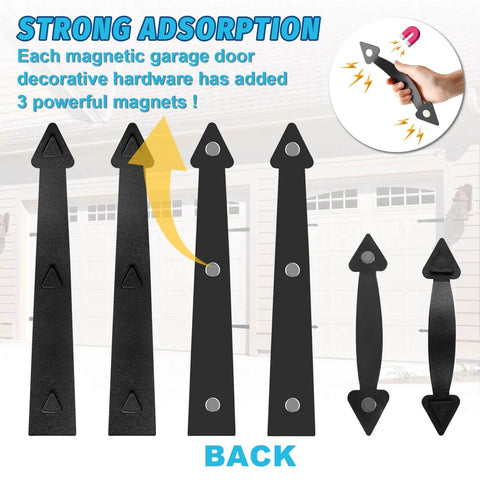 Magnetic Garage Door Hardware,Magnetic Garage Door Handles for iron doors, featuring 4 magnetic hinges and 2 magnetic handles on display.