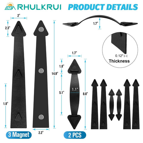 Product details of Magnetic Garage Door Hardware with magnetic hinges and handles, black decorative style for iron doors, classic design.