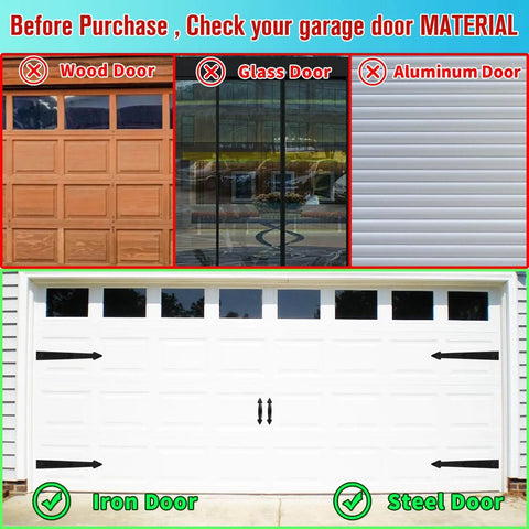 Comparison of garage door materials: wood, glass, aluminum, iron, and steel. Features Magnetic Garage Door Hardware for iron doors.