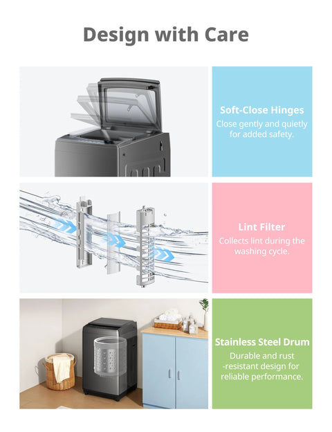 Compact 1.6 Cu Ft Portable Washing Machine With Wheels 11 Lb Capacity Fully Automatic Top Load Washer Six Wash Programs Built In Drain Pump Ideal For Apartments Dorms RVs Campers And Small Cabins In Magnetic Gray displaying soft-close hinges, lint filter, and stainless steel drum