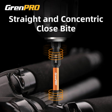 Close-up of GrenPRO 22 Piece Magnetic Hex Bit Set 2 Inch Long SAE and Metric Hex Bits in drill, showcasing straight concentric bite