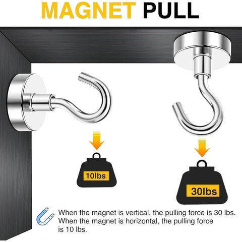 Steel magnetic hook demonstrating vertical and horizontal pull forces, 30 lbs vertically, 10 lbs horizontally, against a metal surface.