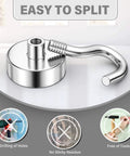 Close-up of easy-to-install magnetic hook showing no drilling, residue-free, and tool-free use in a modern home setting.