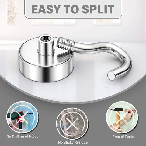 Close-up of easy-to-install magnetic hook showing no drilling, residue-free, and tool-free use in a modern home setting.