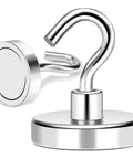 Stainless steel magnetic hooks, side and front view, with S-shaped hook design for hanging and storage solutions.