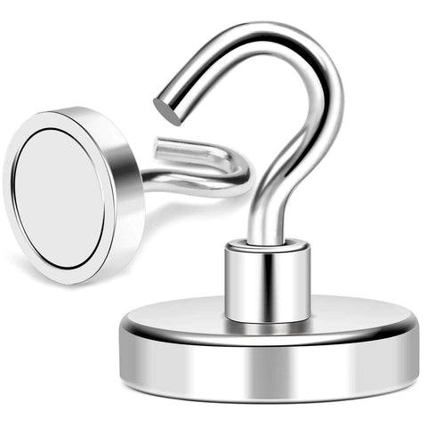 Stainless steel magnetic hooks, side and front view, with S-shaped hook design for hanging and storage solutions.