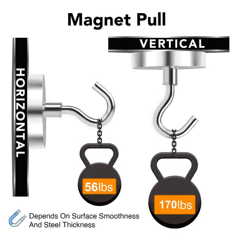 Magnetic hooks with 56 lbs and 170 lbs weight pull shown in horizontal and vertical positions, steel surface dependent strength.