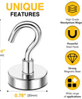 Magnetic Hooks, 50lbs Heavy Duty N52 Rare Earth Magnets with Hook; features diagram showing size and key benefits.