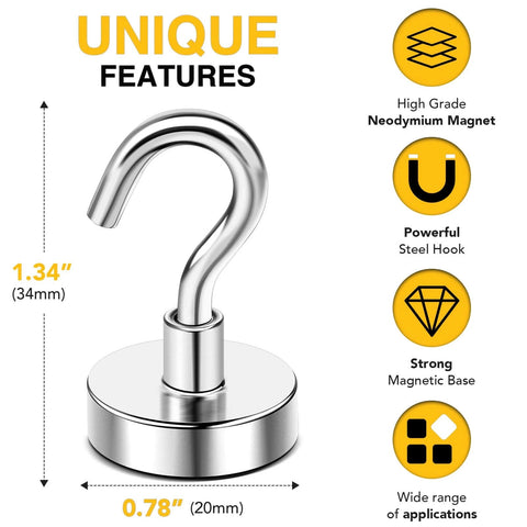 Magnetic Hooks, 50lbs Heavy Duty N52 Rare Earth Magnets with Hook; features diagram showing size and key benefits.