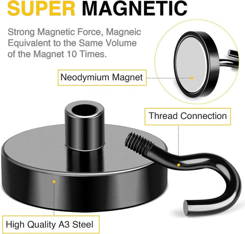Black Magnetic Hooks with neodymium magnet, thread connection, and high quality A3 steel, 170 LB Heavy Duty Strong Magnets.