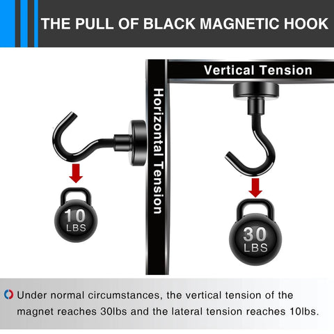 Diagram showing the vertical and horizontal tension of black magnetic hook with weights demonstrating 30 lbs and 10 lbs capacity.
