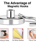 Close-up of a magnetic hook showing advantages like no drilling, no sticky residue, and tool-free installation.
