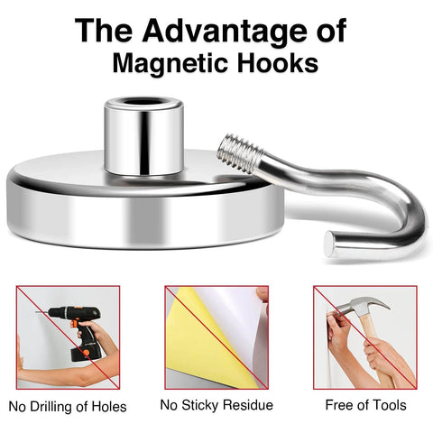 Close-up of a magnetic hook showing advantages like no drilling, no sticky residue, and tool-free installation.