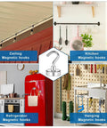 Collage of magnetic hooks used on ceiling, kitchen, refrigerator, and garage, showcasing versatile utility for organizing spaces.