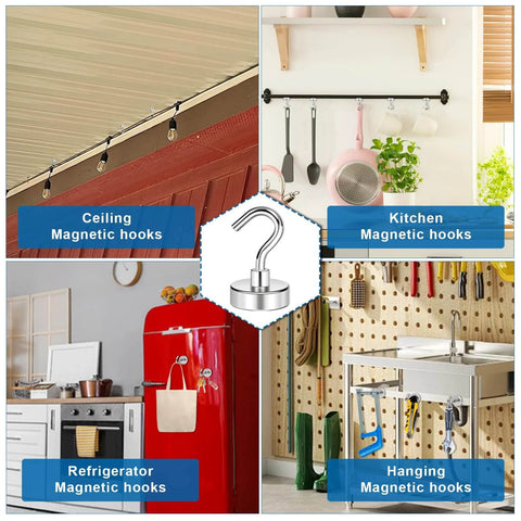 Collage of magnetic hooks used on ceiling, kitchen, refrigerator, and garage, showcasing versatile utility for organizing spaces.
