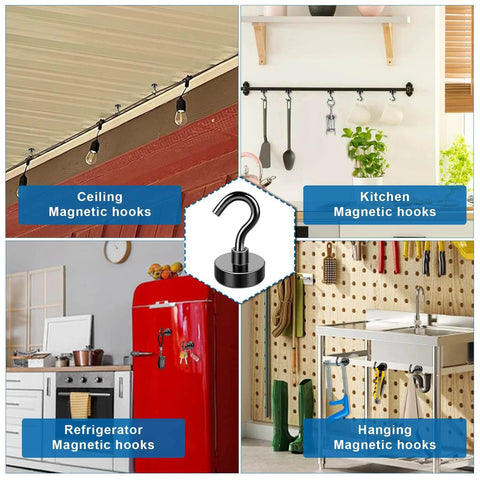Collage of magnetic hooks used in ceiling, kitchen, refrigerator, and hanging applications