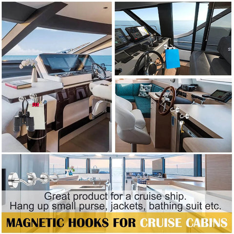 Magnetic Hooks, 50lbs Heavy Duty N52 Rare Earth Magnets in cruise cabin setup for hanging essentials.
