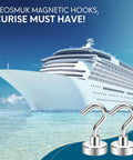 Cruise ship sailing with two Neosmuk magnetic hooks in foreground, text overlay 'Neosmuk Magnetic Hooks, Cruise Must Have!'