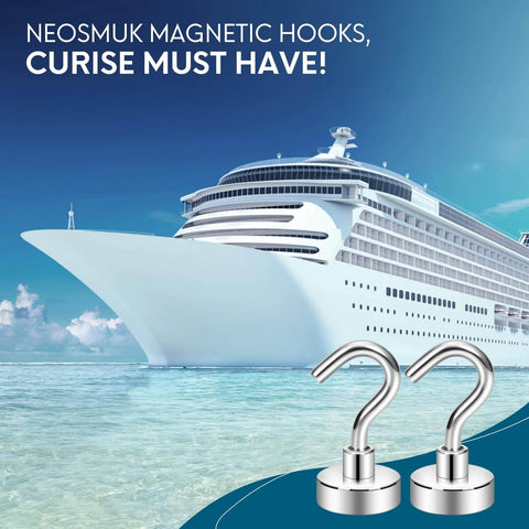 Cruise ship sailing with two Neosmuk magnetic hooks in foreground, text overlay 'Neosmuk Magnetic Hooks, Cruise Must Have!'