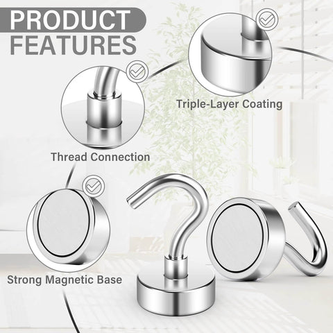 Diagram showcasing features of a magnetic hook with triple-layer coating, thread connection, and strong magnetic base for secure hanging.
