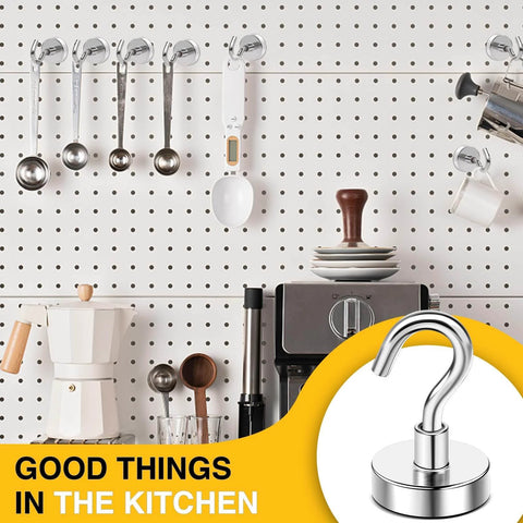 Magnetic Hooks, 50lbs Heavy Duty N52 Rare Earth Magnets, hanging kitchen utensils on perforated board, must-have cruise essentials.
