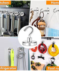 Magnetic hooks in various settings: kitchen, home, refrigerator, tool room; showcasing steel hooks holding items like utensils and cables.