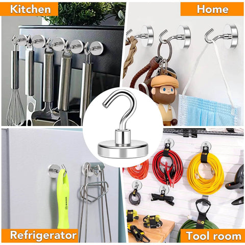 Magnetic hooks in various settings: kitchen, home, refrigerator, tool room; showcasing steel hooks holding items like utensils and cables.