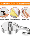 MIKEDE magnetic hooks showing no drilling, no residue, tool-free installation with a close-up of steel hook design.