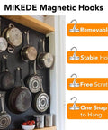 Kitchen wall with hanging pots using MIKEDE magnetic hooks, removable and stable hold, shown with benefits like free scratch and one snap to hang.