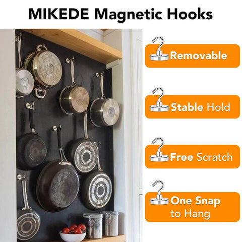 Kitchen wall with hanging pots using MIKEDE magnetic hooks, removable and stable hold, shown with benefits like free scratch and one snap to hang.
